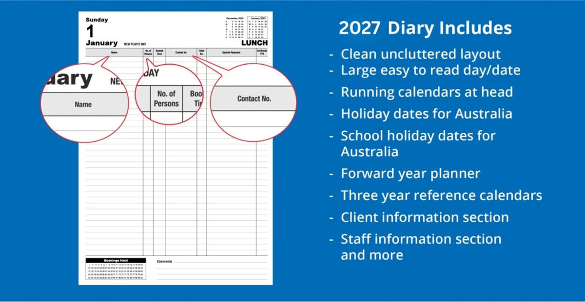 Zions 2027 Table Booking Diary (A4, 2 Pages per Day)