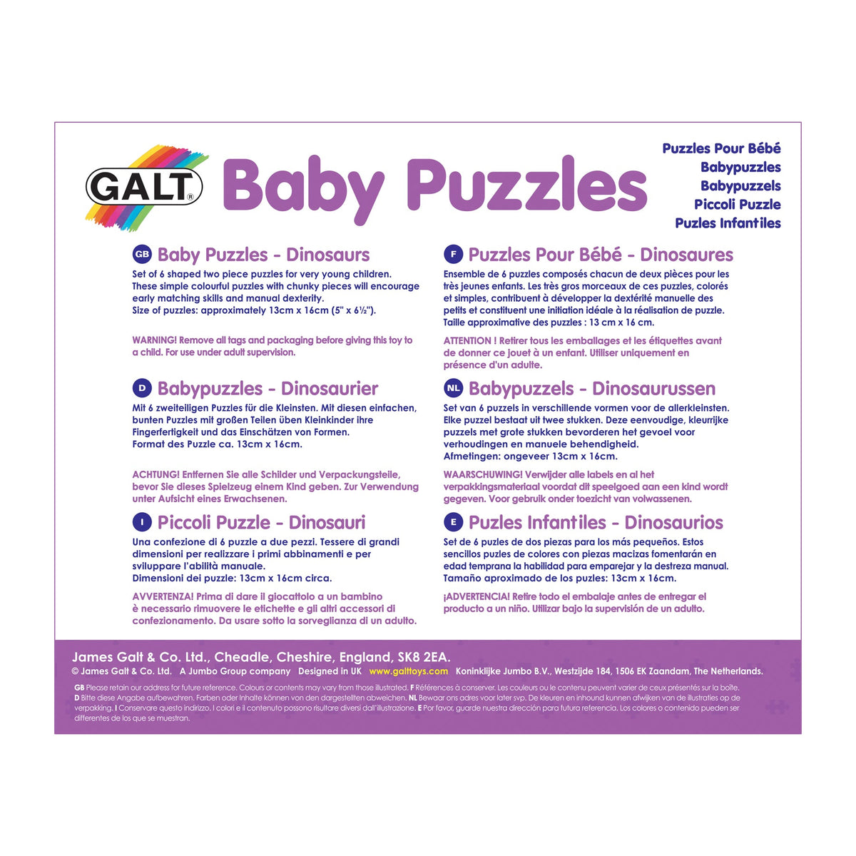 Galt - Baby Puzzles - Dinosaurs 2 Pieces