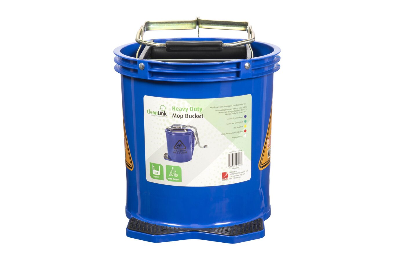 Cleanlink Heavy-Duty Mop Bucket with Metal Wringer - 16L, Blue (Pack of 2)