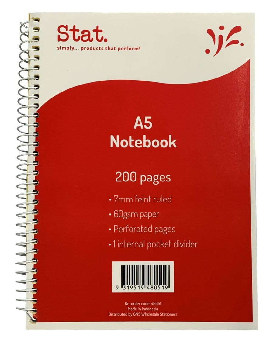 Stat Notebook - A5 60gsm (7mm Ruling) Board Cover Red: 200 Pages (Pack of 5)