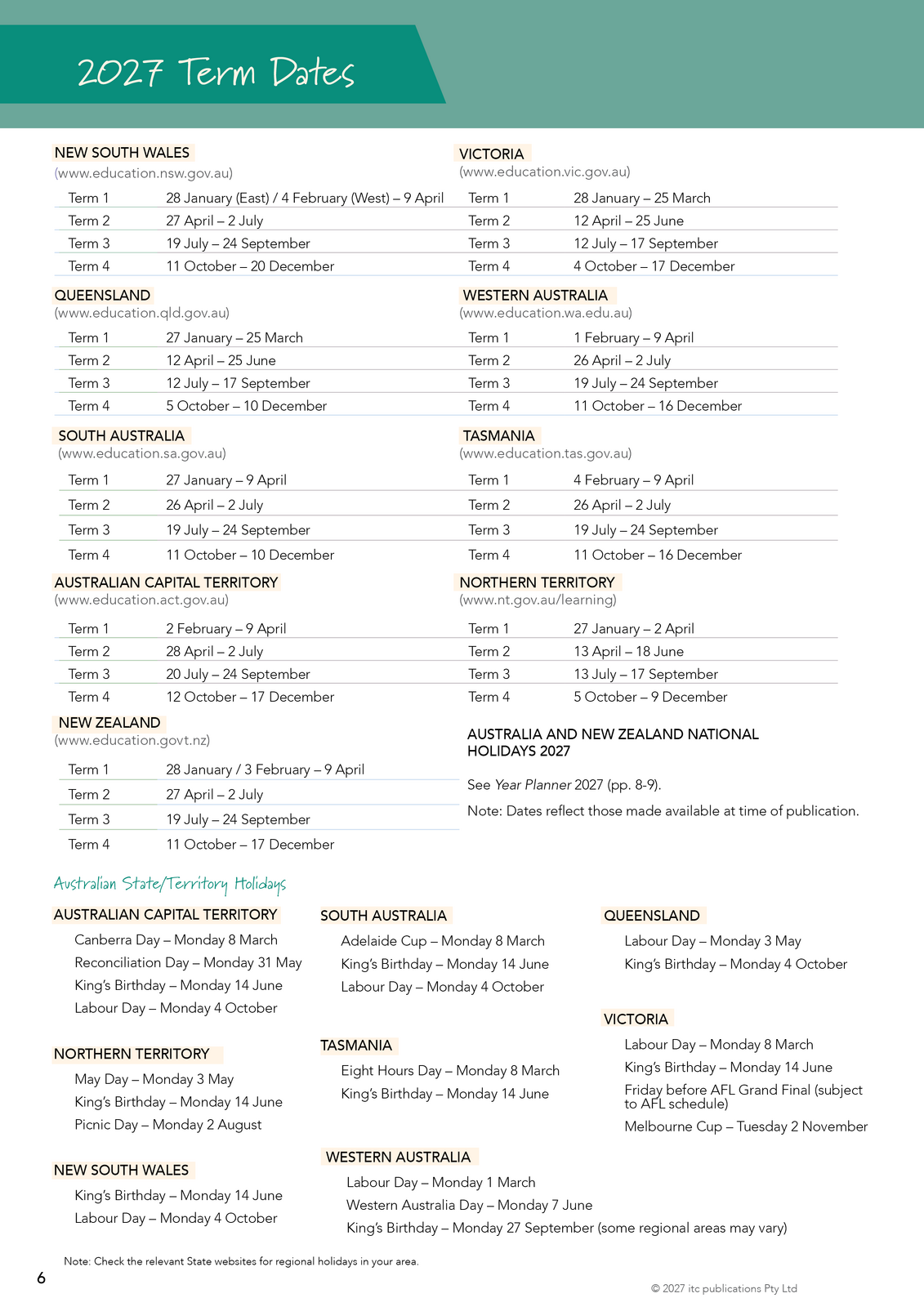 2027 Innovative Teachers' Companion (itc) - Primary (3-6) – 2027 term dates