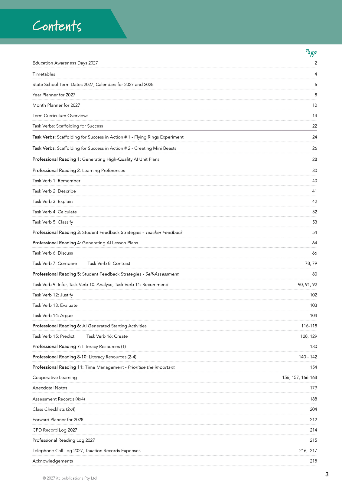 2027 Innovative Teachers' Companion (itc) - Primary (3-6) – Contents