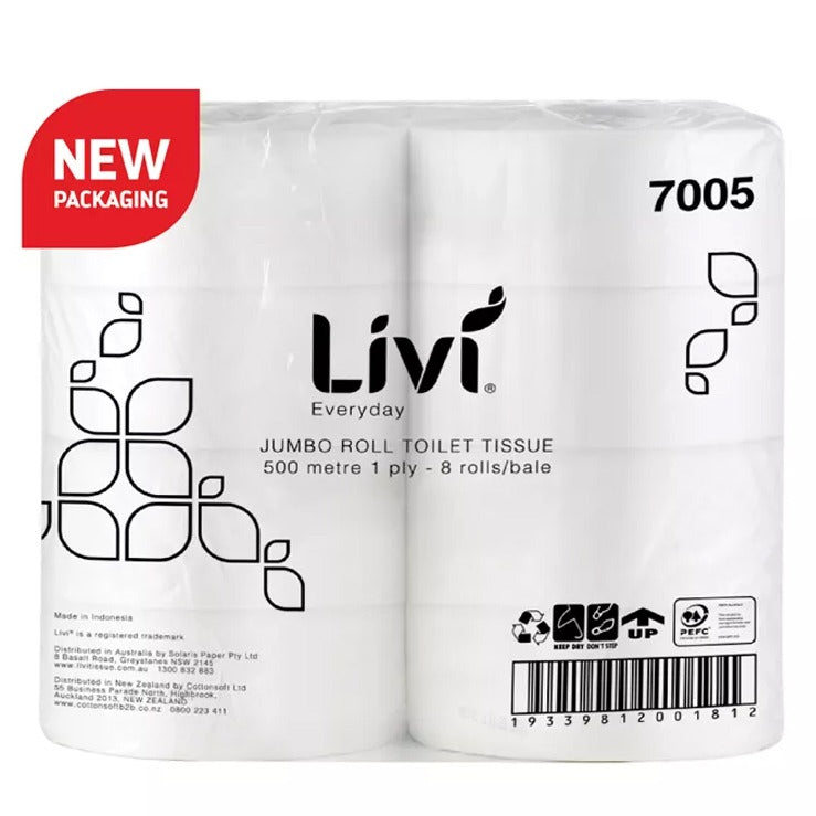 Livi Basics Jumbo Toilet Rolls 1 Ply 500m (Box of 8)