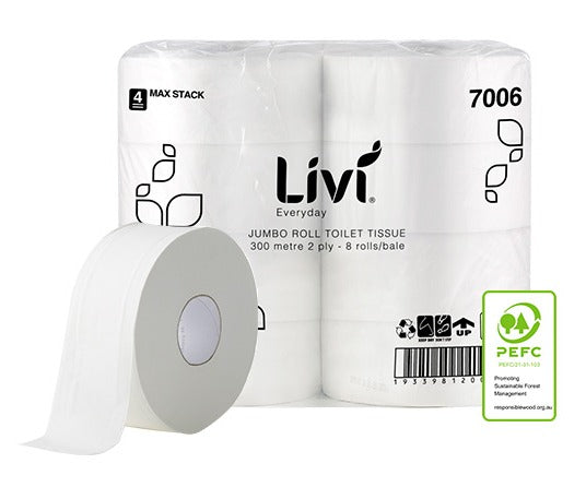 Livi Basics Jumbo Toilet Rolls 2 Ply 300m (Box of 8)