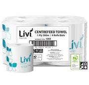 Livi Essentials Centrefeed Paper Towel Roll 1 Ply 300m (Box of 4)