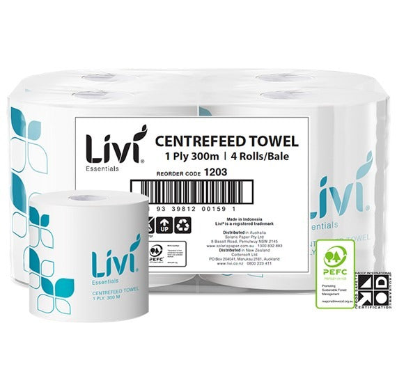 Livi Essentials Centrefeed Paper Towel Roll 1 Ply 300m (Box of 4)