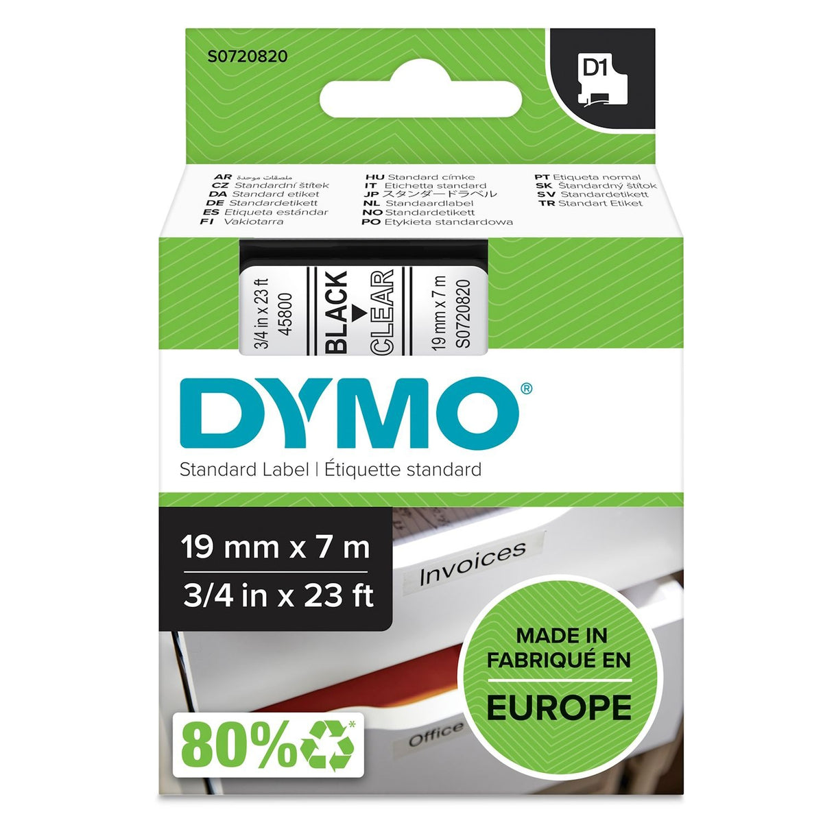 Dymo D1 Label Tape 19mm x 7m - Black on Clear