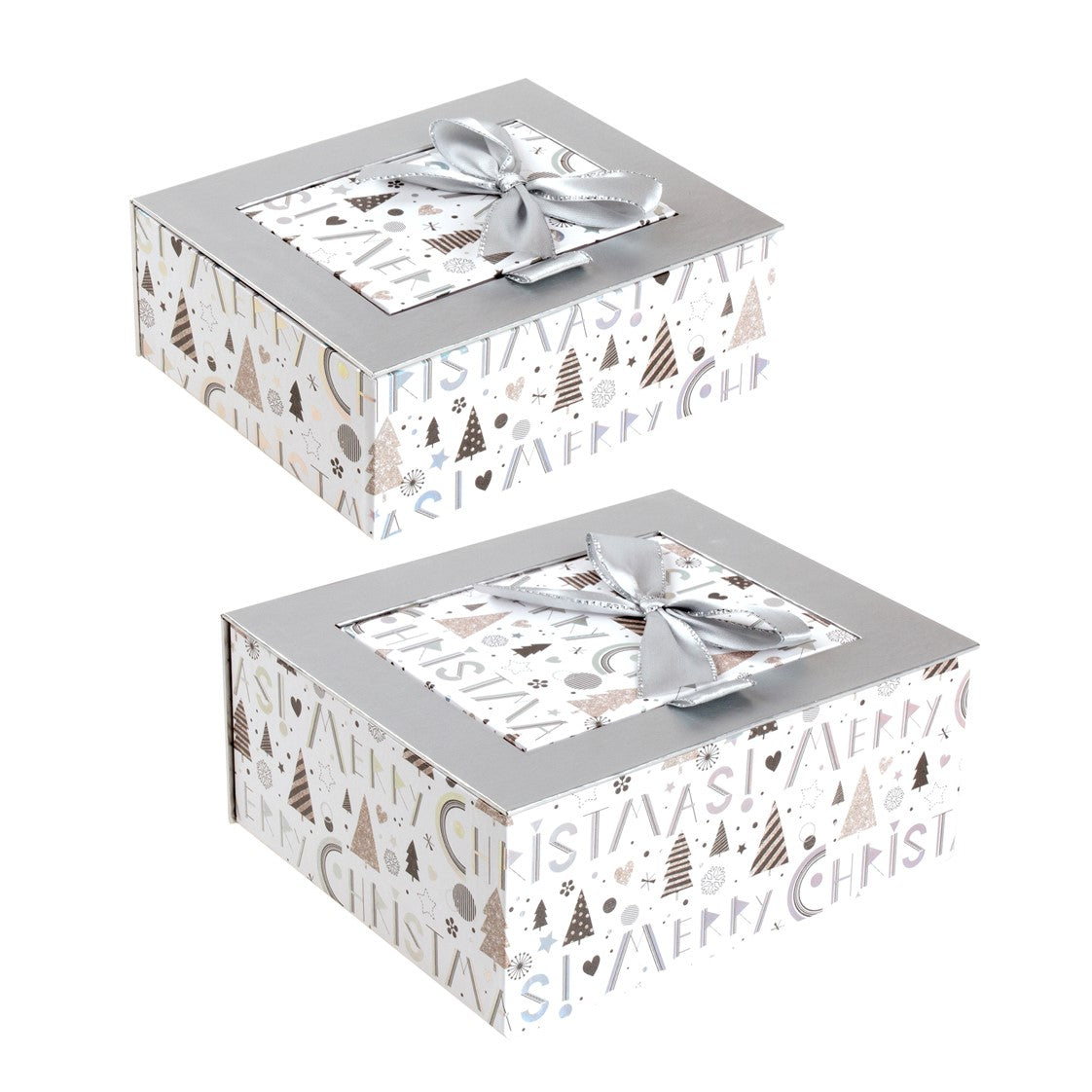 Gift Box Christmas 160 & 135MM Set of 2 Lift Up Lid with Gold Foil & Bow