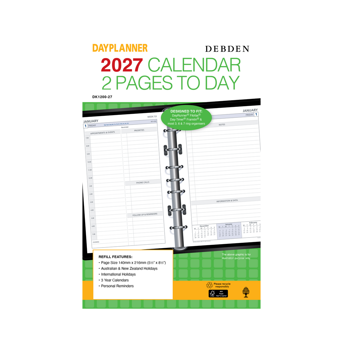 Collins Debden DayPlanner 2027 Desk Diary Refill (216 x 140mm, 2 Pages per Day, 7-Ring)