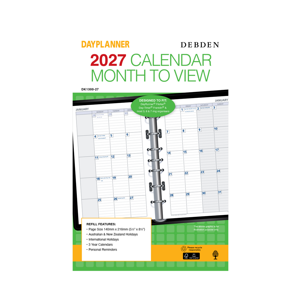 Collins Debden DayPlanner 2027 Desk Diary Refill (216 x 140mm, Month to View, 7-Ring)