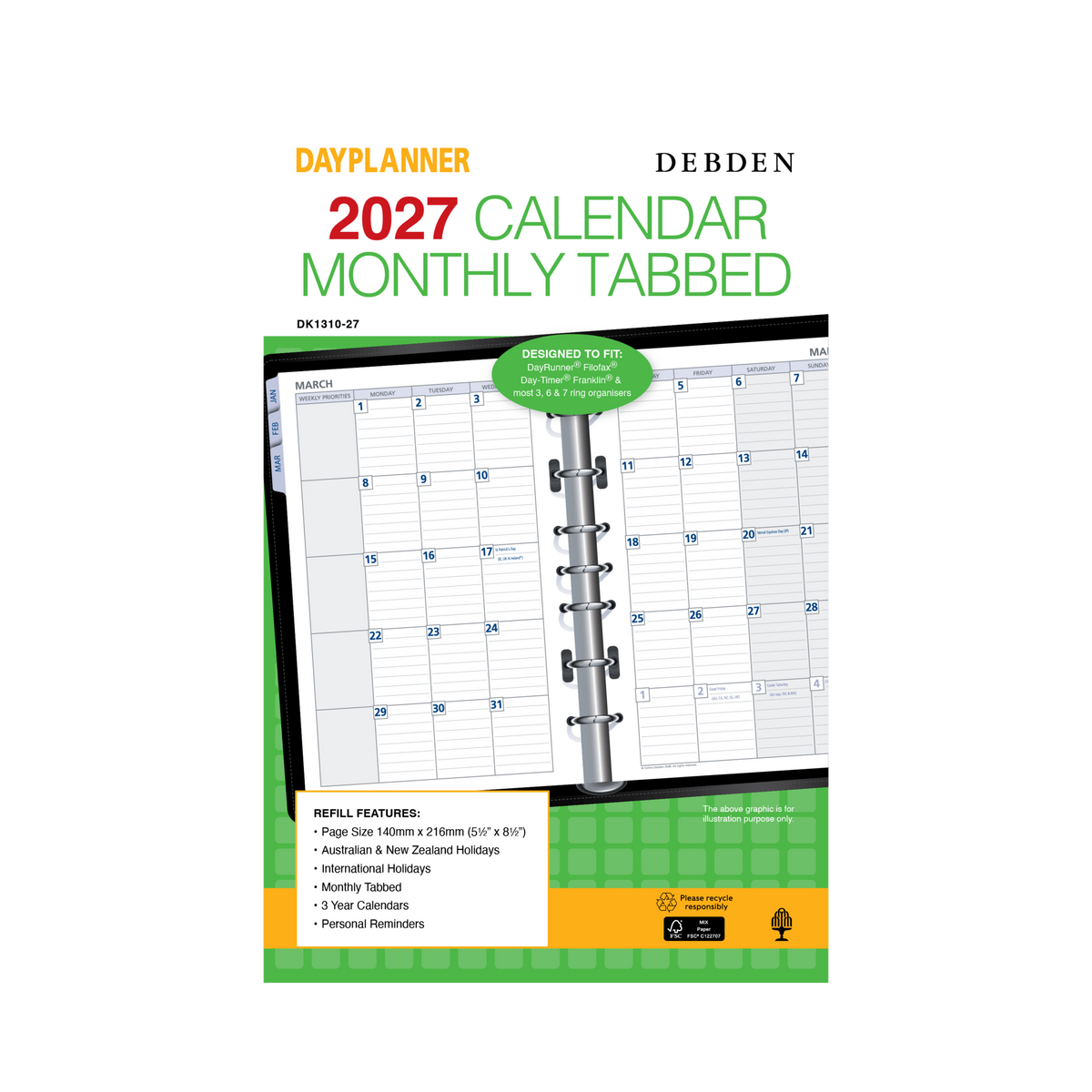 Collins Debden DayPlanner 2027 Desk Diary Refill (216 x 140mm, Month to View, 7-Ring, Monthly Tabs)