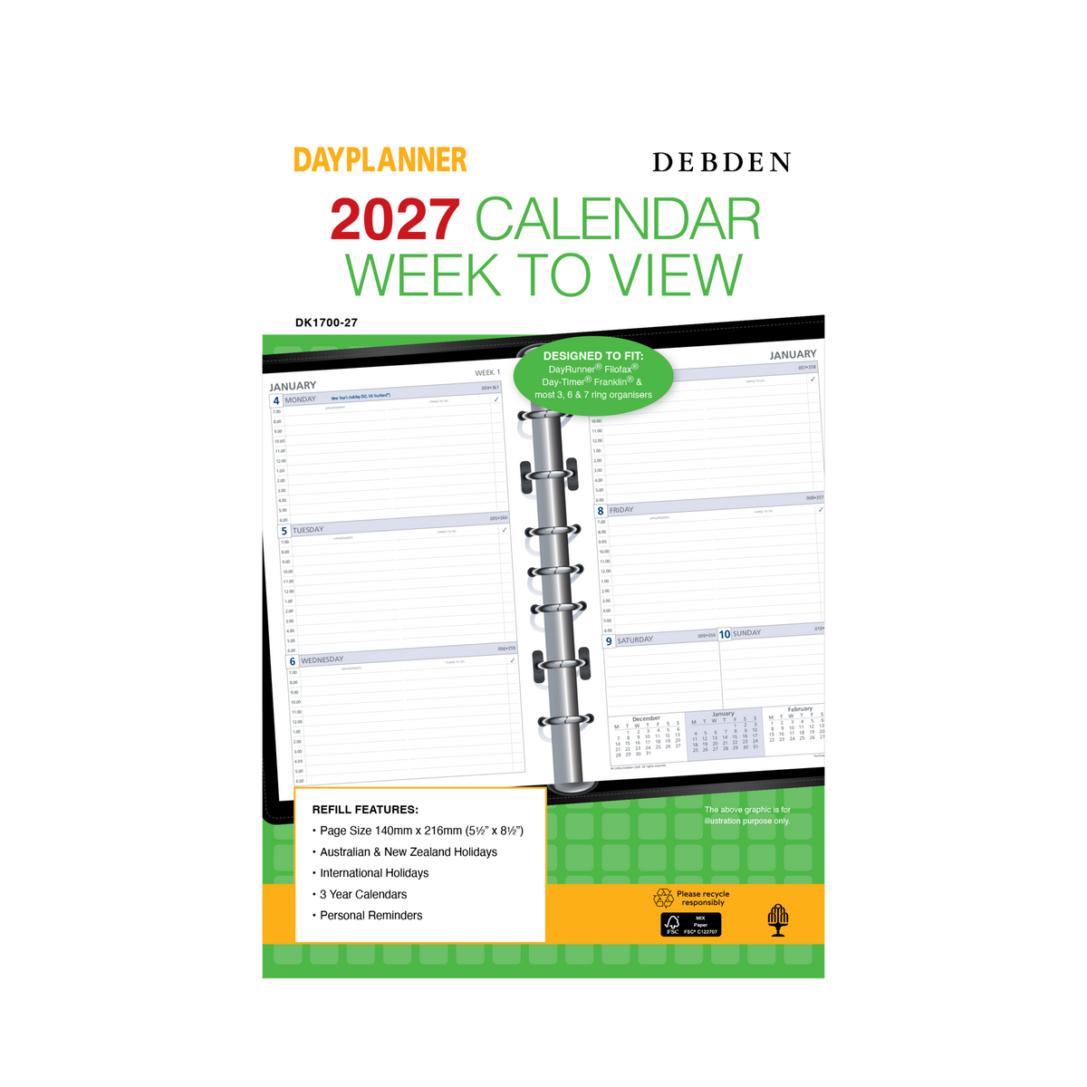 Collins Debden DayPlanner 2027 Desk Diary Refill (216 x 140mm, Week to View, 7-Ring)