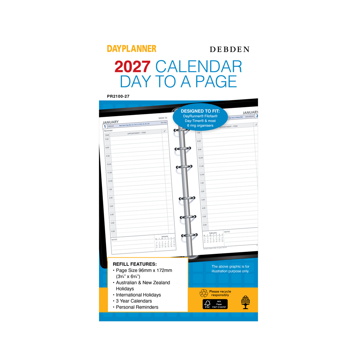 Collins Debden DayPlanner 2027 Personal Diary Refill (172 x 96mm, Day to a Page, 6-Ring)