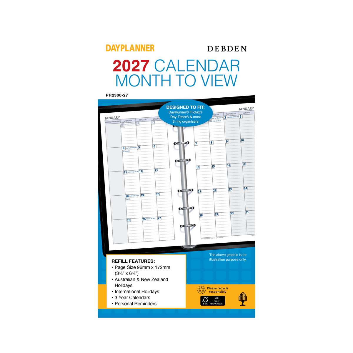 Collins Debden DayPlanner 2027 Personal Diary Refill (172 x 96mm, Month to View, 6-Ring)