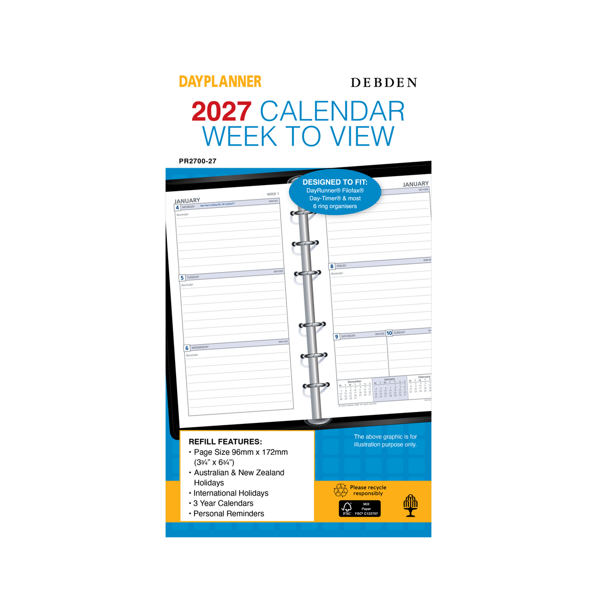 Collins Debden DayPlanner 2027 Personal Diary Refill (172 x 96mm, Week to View, 6-Ring)