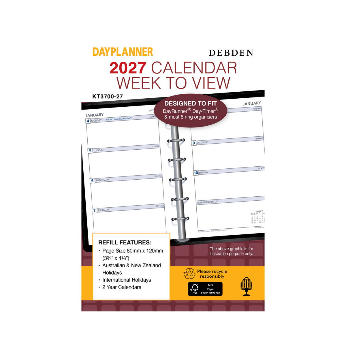 Collins Debden DayPlanner 2027 Pocket Diary Refill (120 x 80mm, Week to View, 6-Ring)