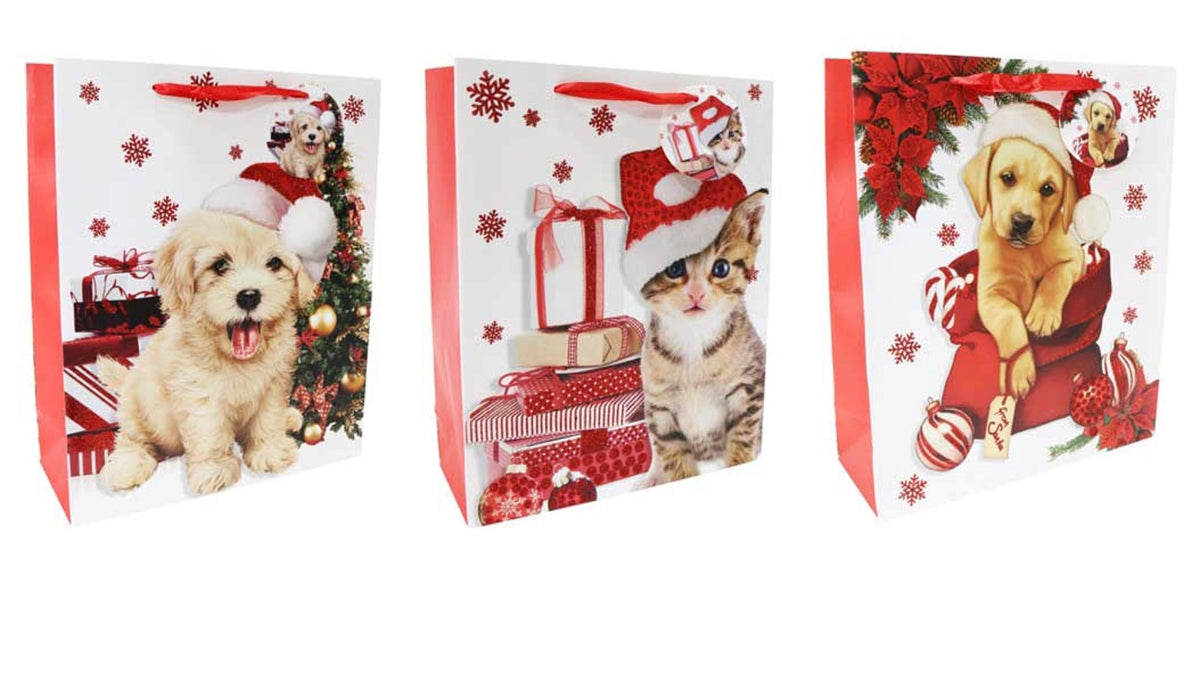Gift Bag Christmas 26X32X10CM Large Pets Red Glitter Assorted