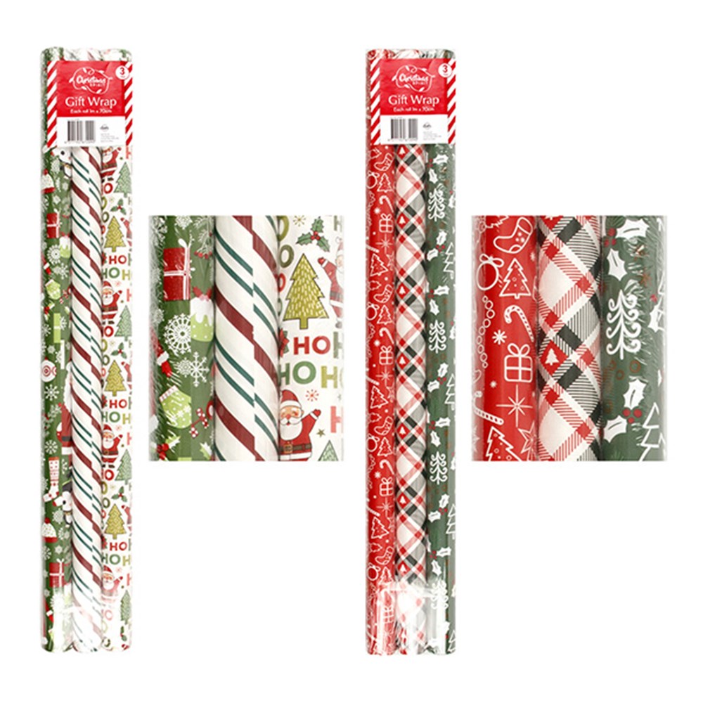 Wrap Christmas 1MX70CM Pack of 3 3 Designs Per Pack 2 Assorted