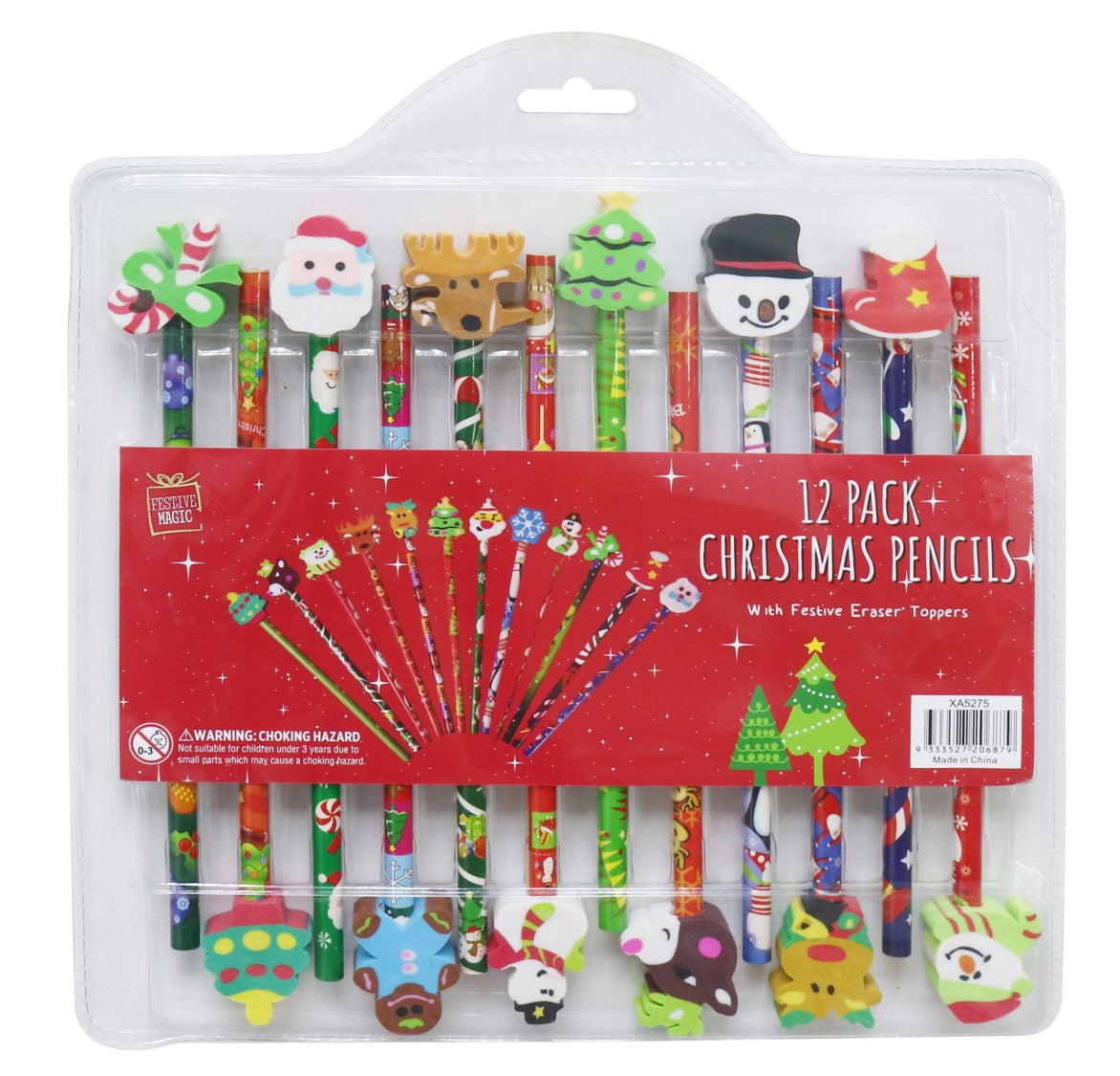 Pencils Christmas with Eraser Toppers Pack of 12