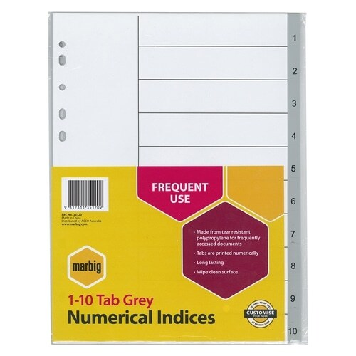 Marbig 1-10 Tab Grey Numerical Indices