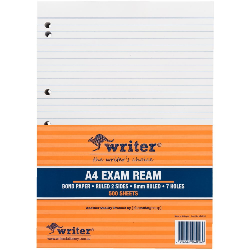 Writer A4 Exam Ream - Bond Paper - 8mm Ruled: Punched 7 Holes (500 Sheets)