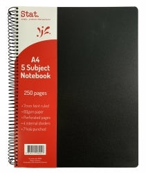 Stat Notebook - A4 5 Subject 60gsm 7mm Ruling Polypropylene (PP) Cover Black: 250pg (Pack of 5)