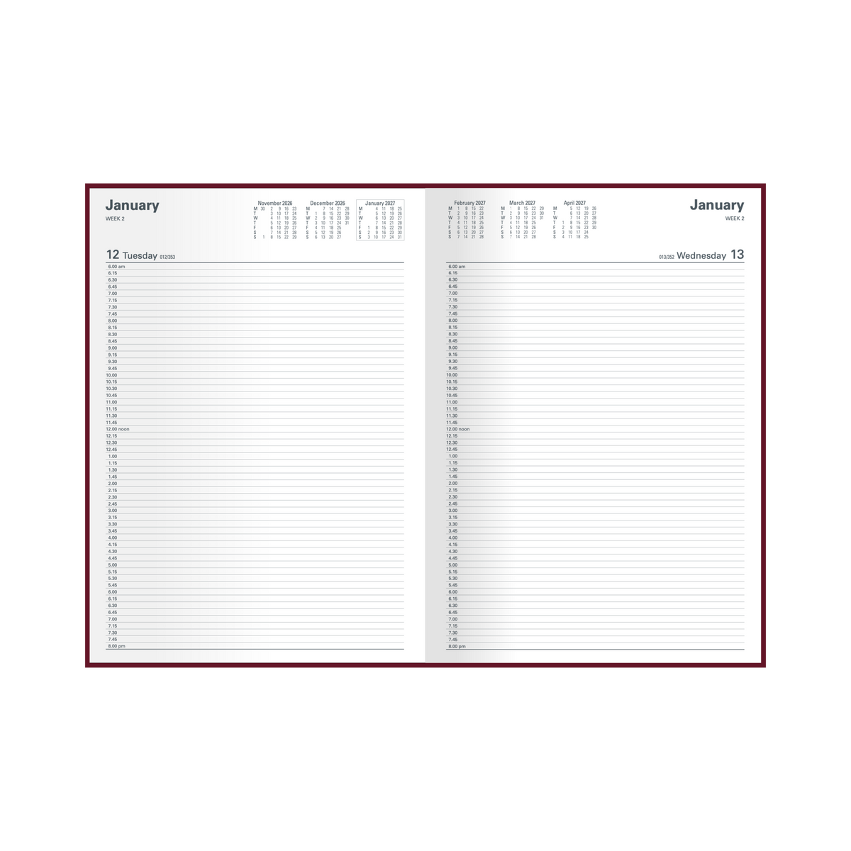 Collins 2027 Appointment Diary (A4, Day to a Page, 15-Minute Appointments) - Burgundy