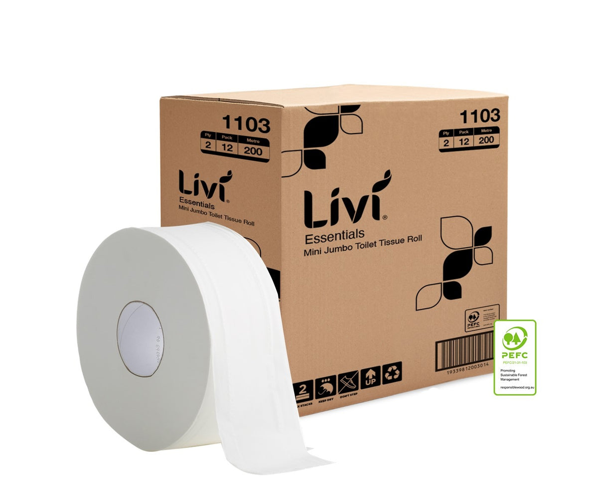 Livi Essentials Embossed Mini Jumbo Toilet Rolls 2 Ply 200m (Box of 12)