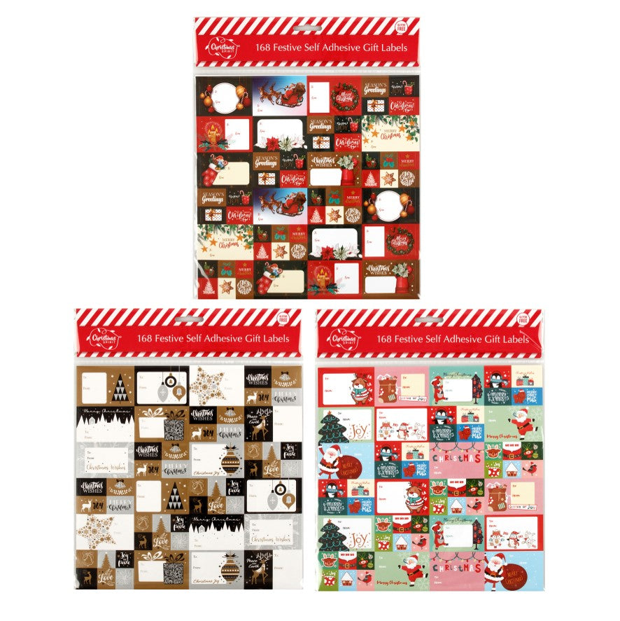 Gift Tags Christmas Self Adhesive Pack of 168 3 Assorted