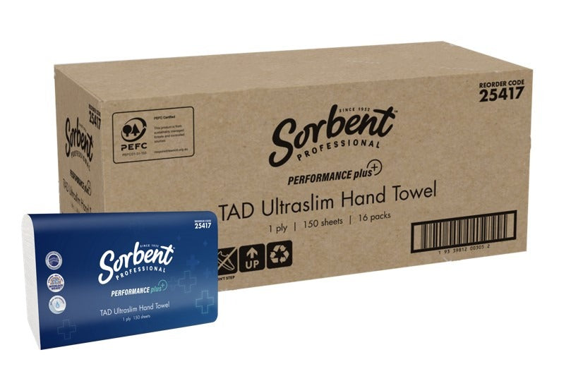 Sorbent Professional Performance Plus Ultraslim Hand Towels 1 Ply 150 Sheets (Carton of 16)