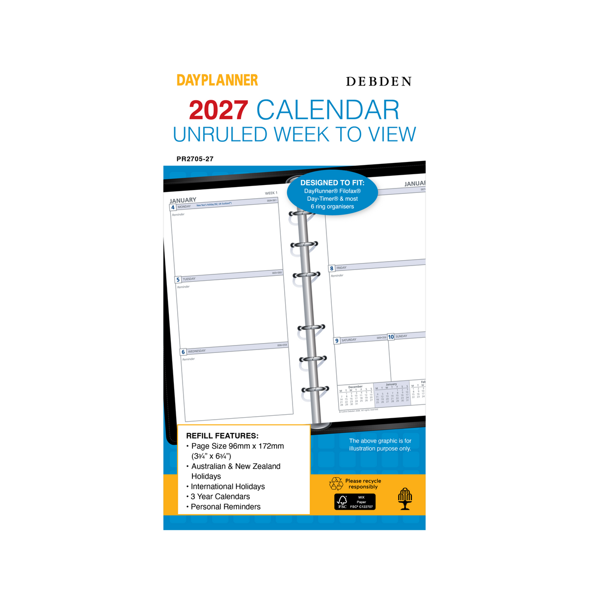 Collins Debden DayPlanner 2027 Personal Diary Refill (172 x 96mm, Week to View, 6-Ring, Unruled)