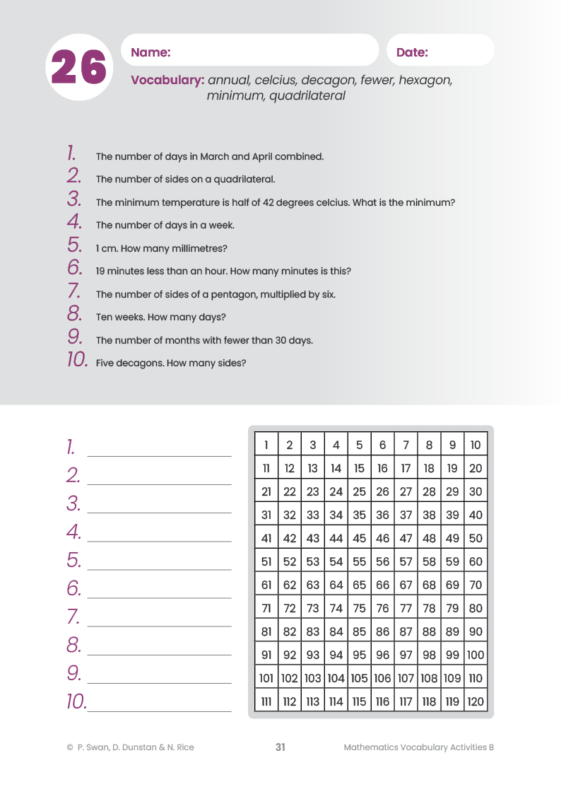 Mathematics Vocabulary Activities Year 4 – Teacher Book
