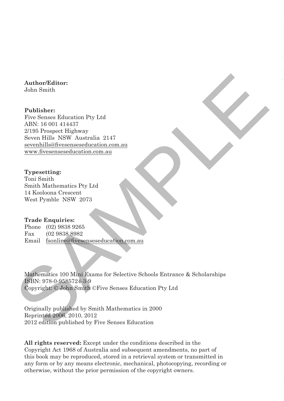 Mathematics: 100 Mini Exams for Selective Schools Entrance and Scholarships sample page