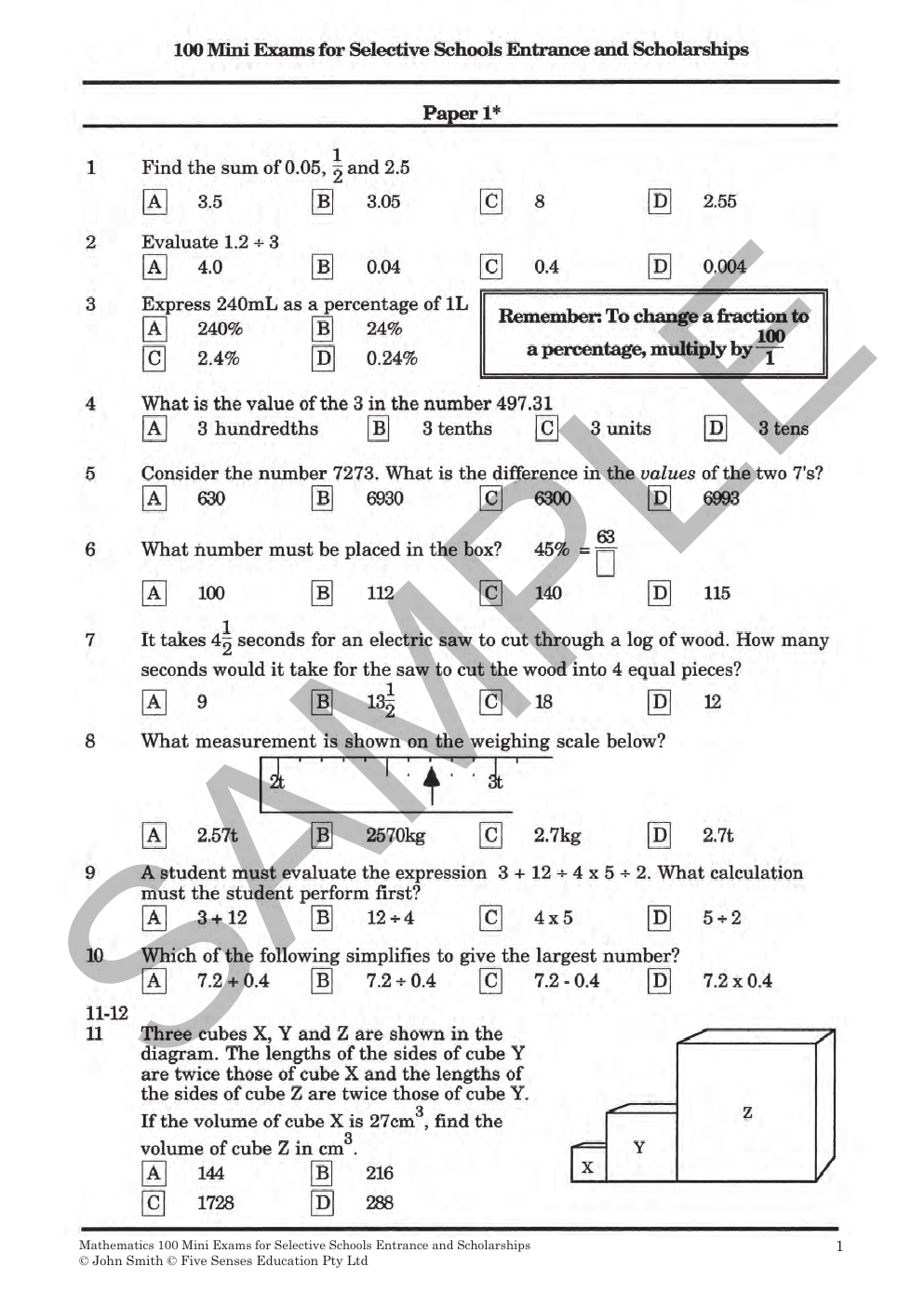 Mathematics: 100 Mini Exams for Selective Schools Entrance and Scholarships sample page