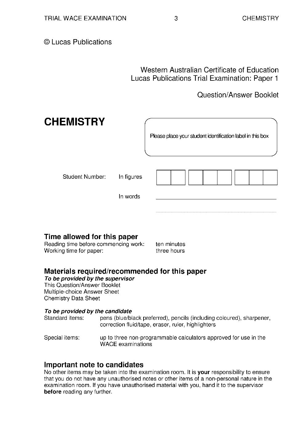 Trial WACE Examination Papers – Chemistry: Units 3 + 4