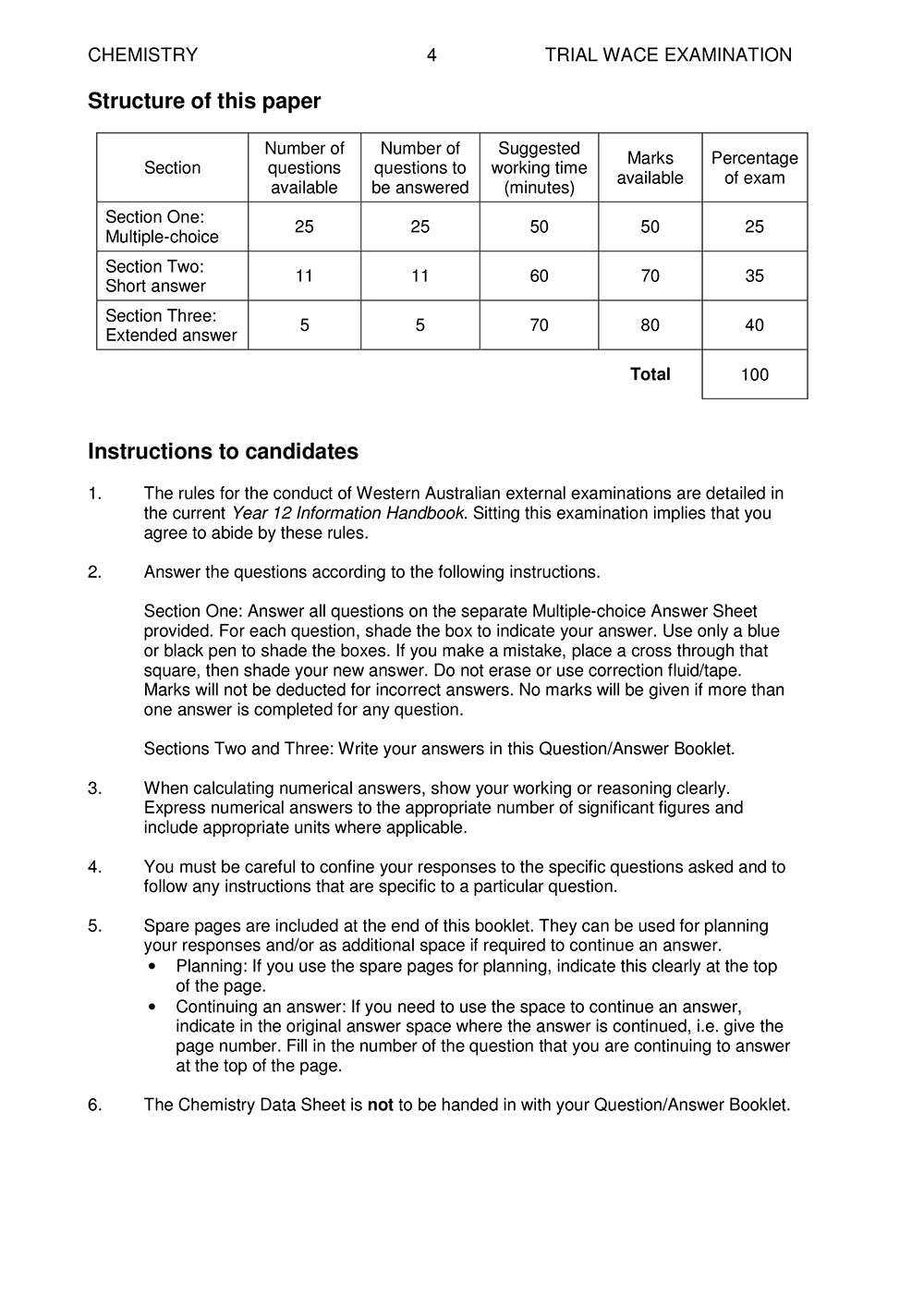 Trial WACE Examination Papers – Chemistry: Units 3 + 4