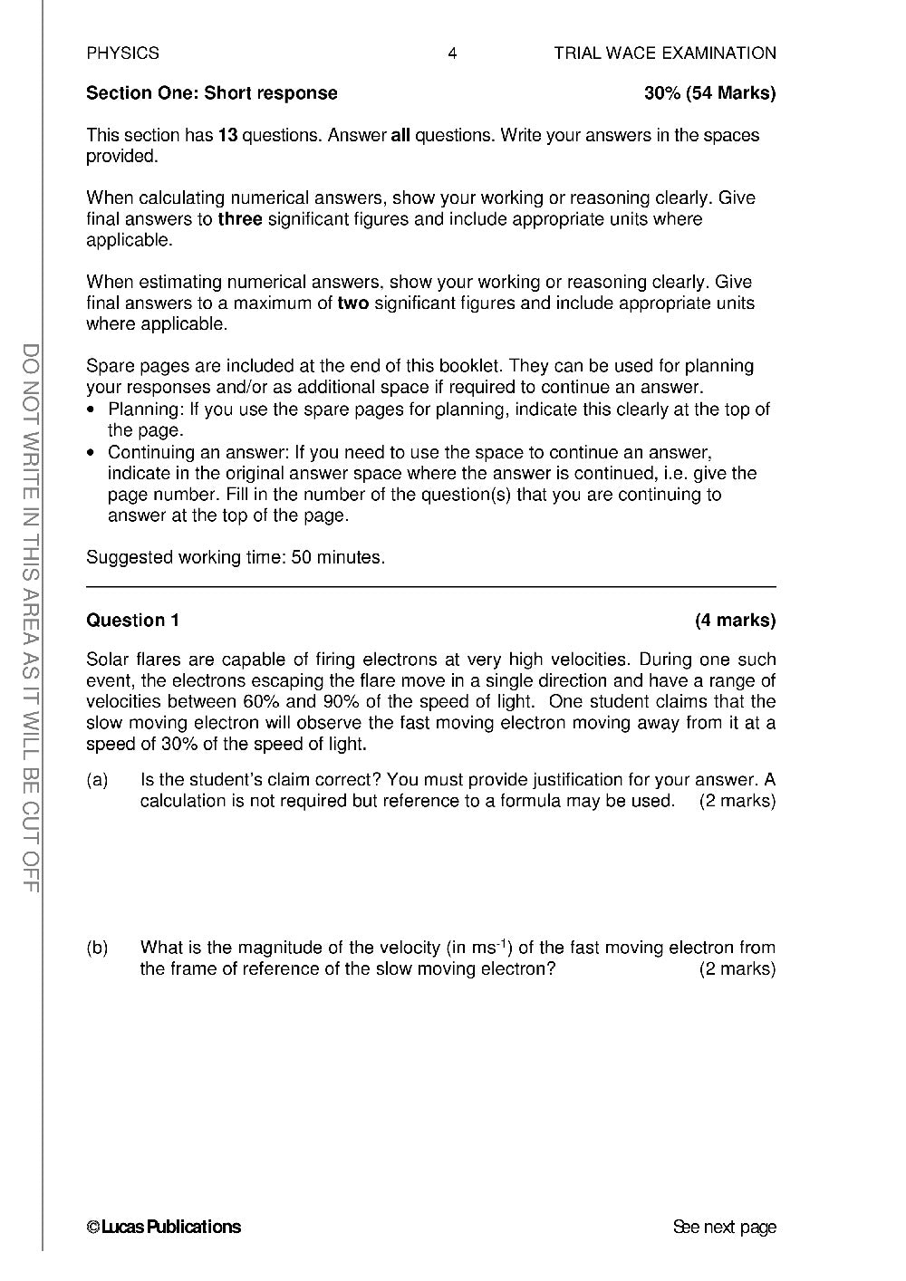 Trial WACE Examination Papers – Physics: Units 3 + 4