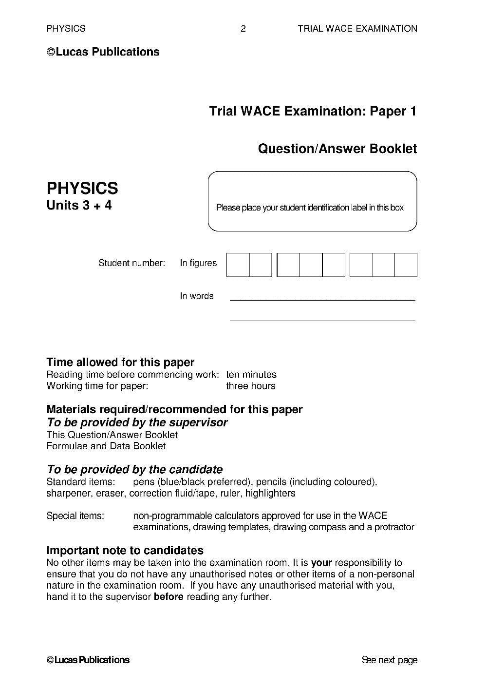 Trial WACE Examination Papers – Physics: Units 3 + 4