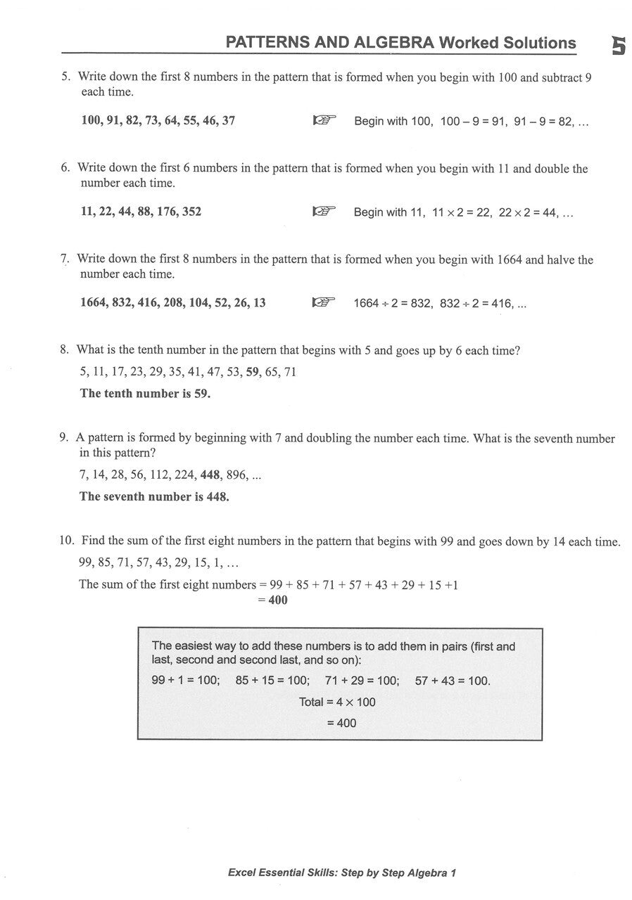 Excel Essential Skills: Step-by-Step Algebra Workbook: Workbook 1 (Years 7-8)