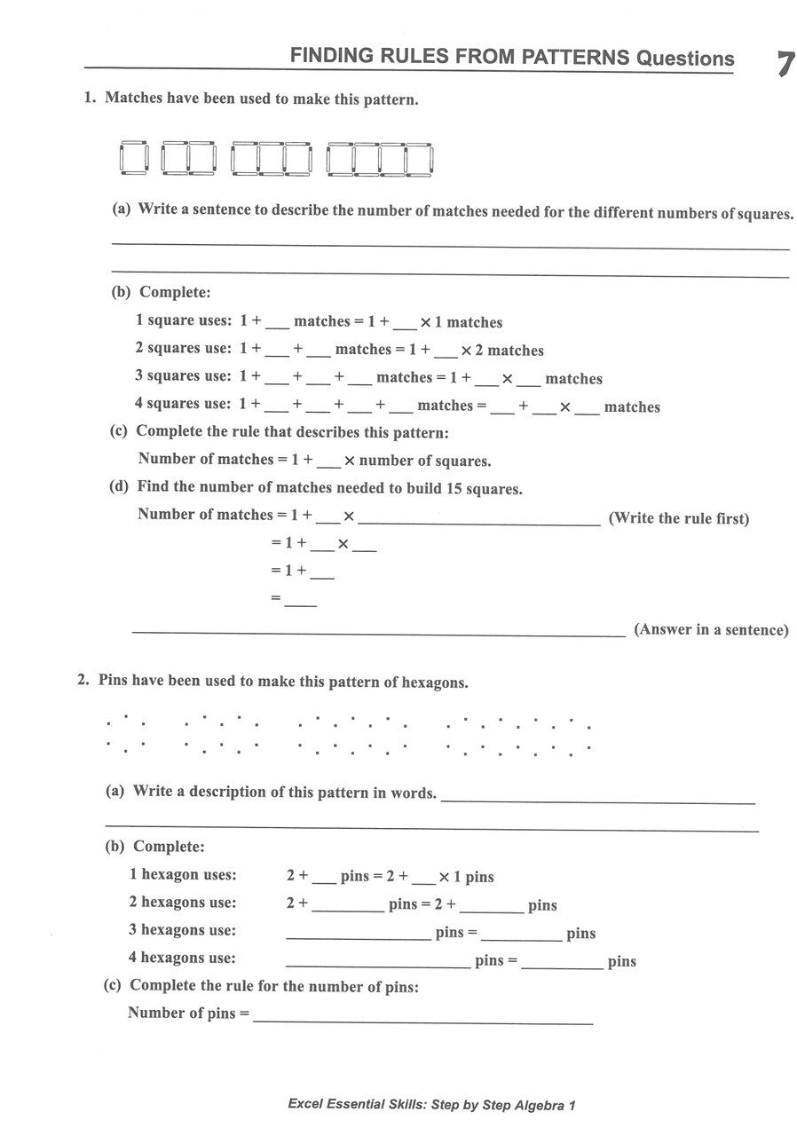 Excel Essential Skills: Step-by-Step Algebra Workbook: Workbook 1 (Years 7-8)