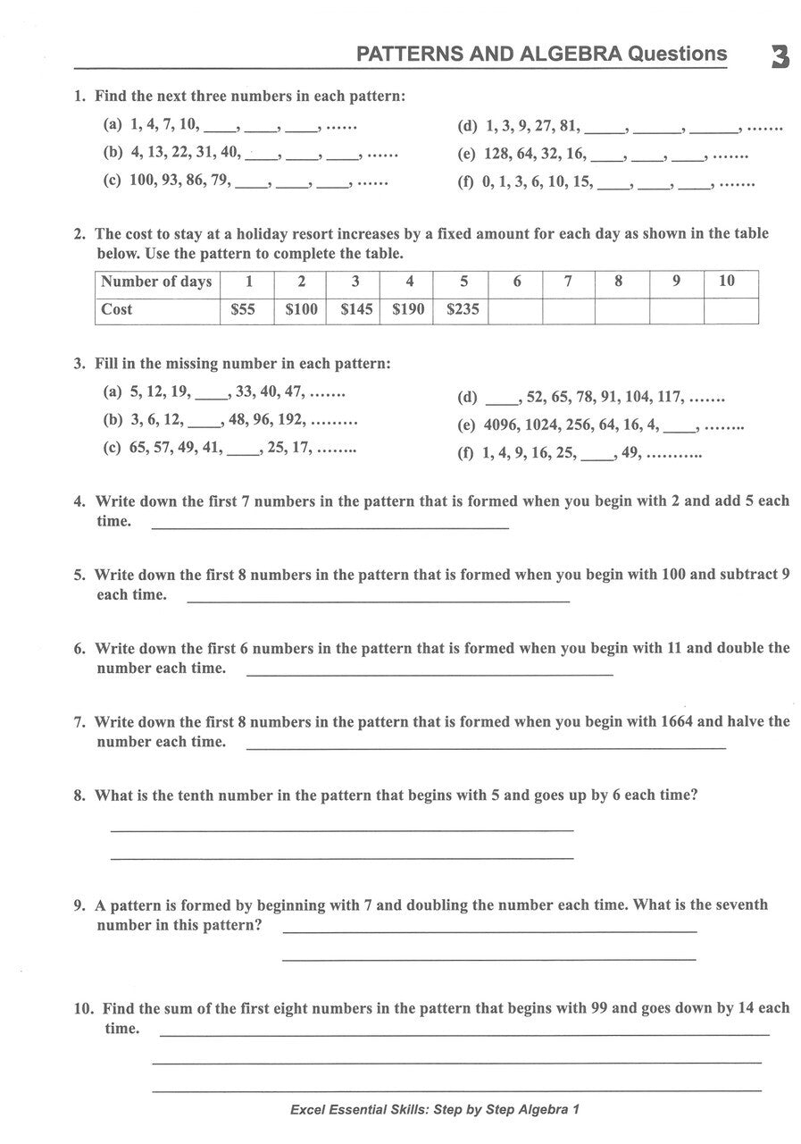 Excel Essential Skills: Step-by-Step Algebra Workbook: Workbook 1 (Years 7-8)