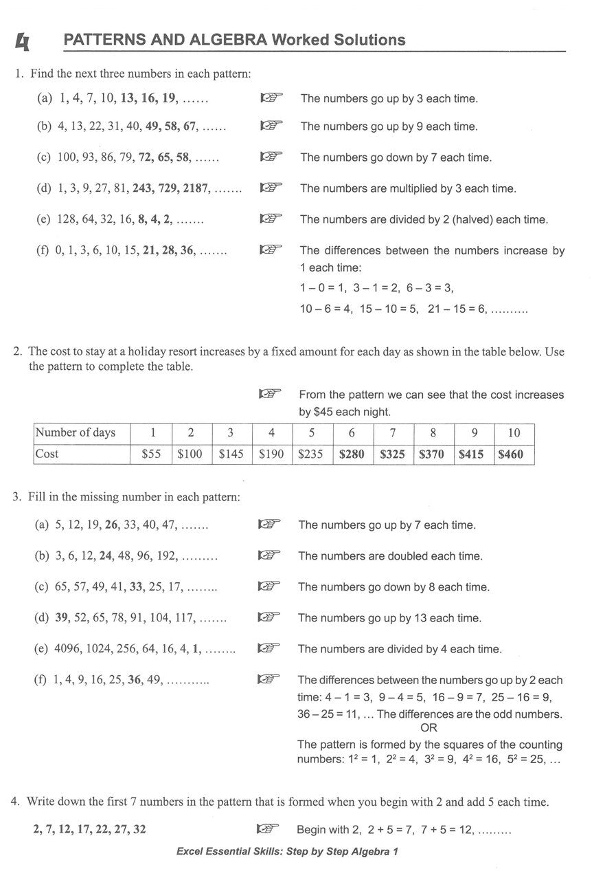 Excel Essential Skills: Step-by-Step Algebra Workbook: Workbook 1 (Years 7-8)