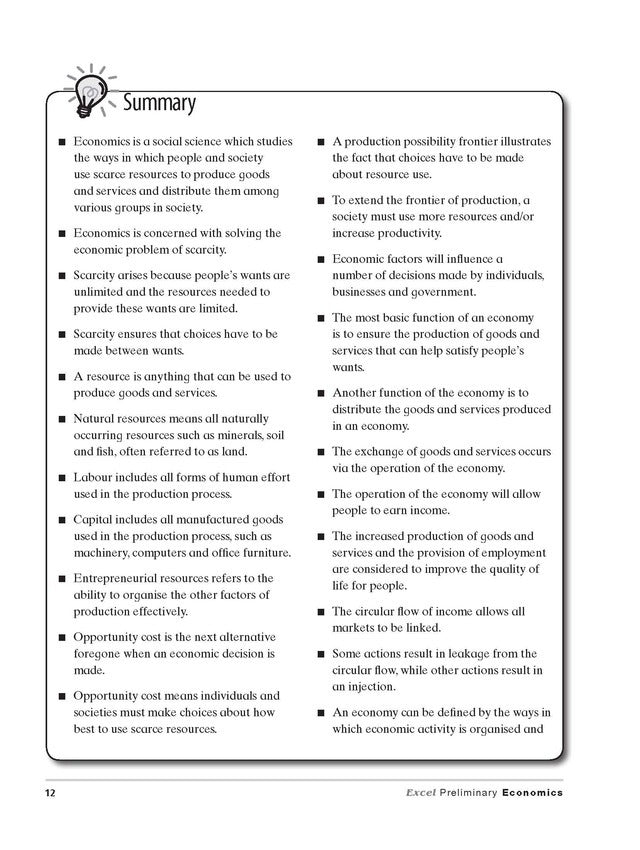 Excel Preliminary - Economics Study Guide: Year 11