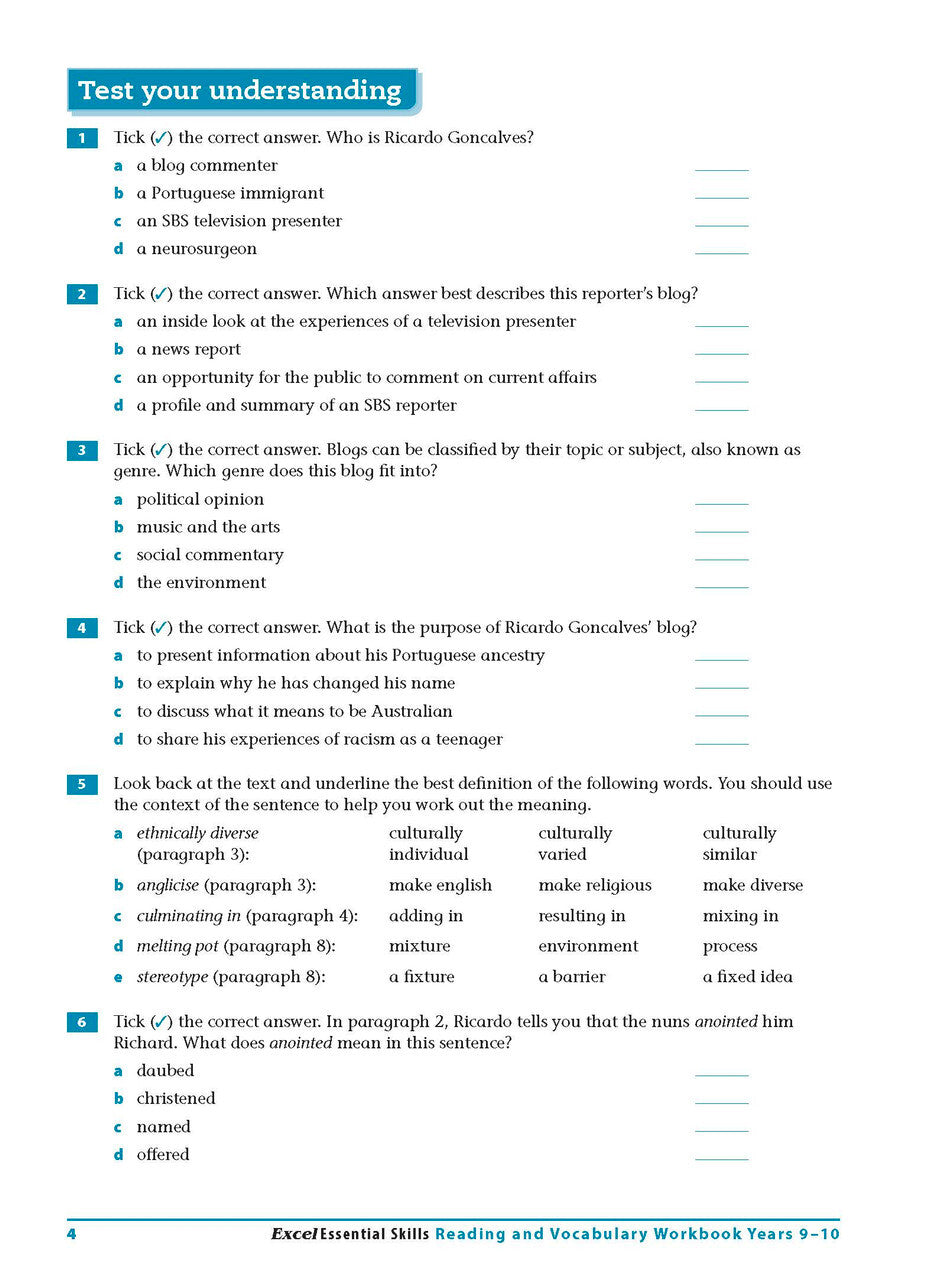 Excel Essential Skills - Reading and Vocabulary Workbook: Years 9-10