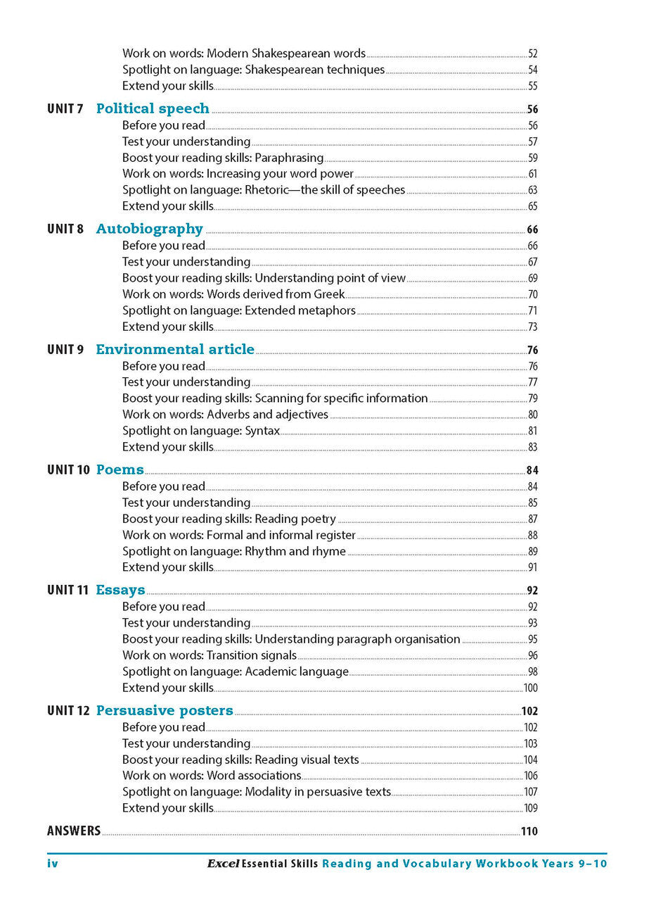 Excel Essential Skills - Reading and Vocabulary Workbook: Years 9-10