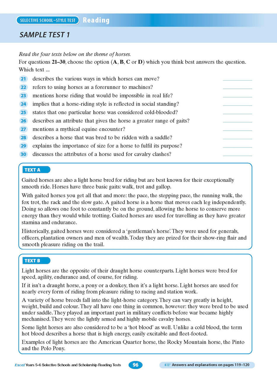 Excel Test Skills - Selective Schools and Scholarship Tests: Reading Tests - Years 5-6