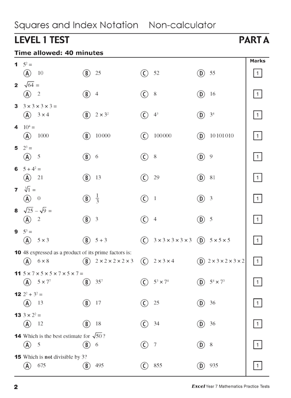 Excel - Mathematics Practice Tests: Year 7