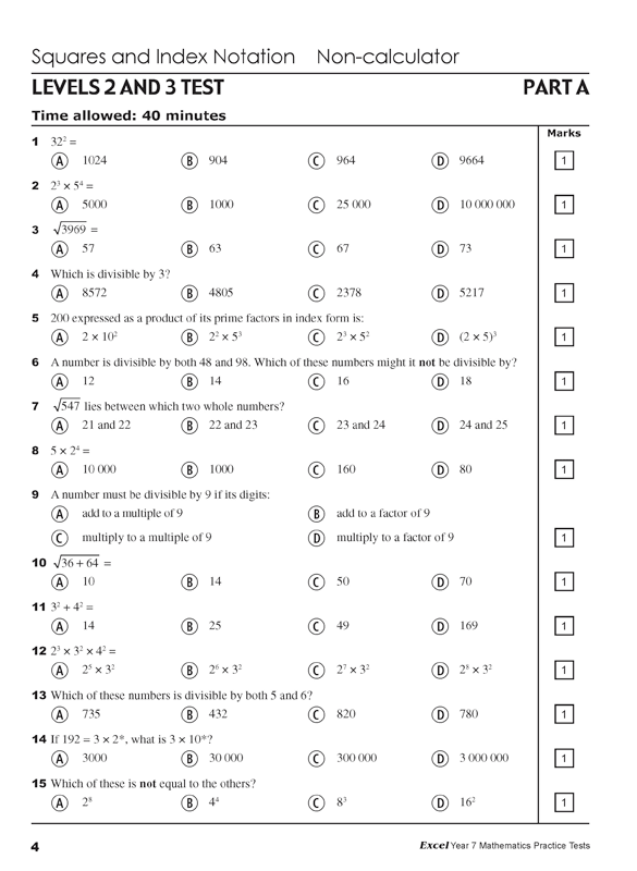 Excel - Mathematics Practice Tests: Year 7