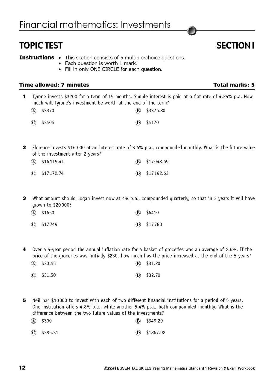 Excel Essential Skills: Mathematics Standard 1 Revision & Exam Workbook - Year 12