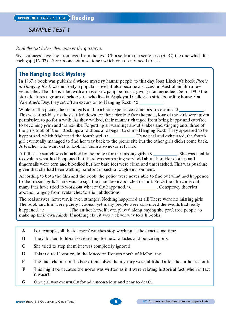 Excel Opportunity Class Tests: Years 3-4